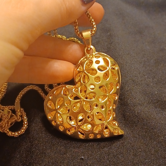 🏵✨️ YELLOW FLORAL CRYSTALS GOLD TONE HEART SWEATER NECKLACE 48" CHAIN - Picture 4 of 4